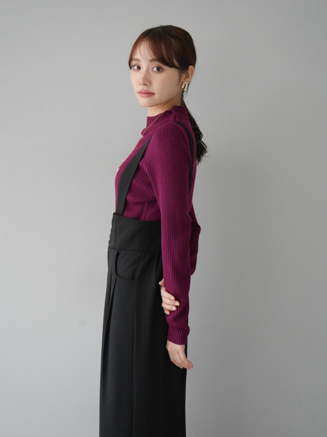 [預訂] 瓶頸式羅紋針織上衣/酒紅色