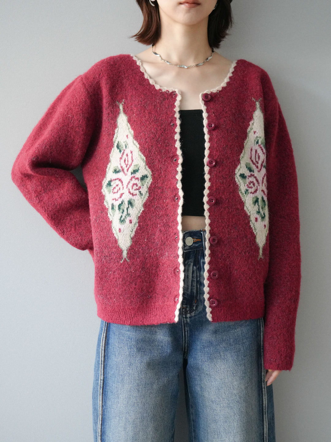 [予約]アンティークフラワージャガードニットカーディガン/red