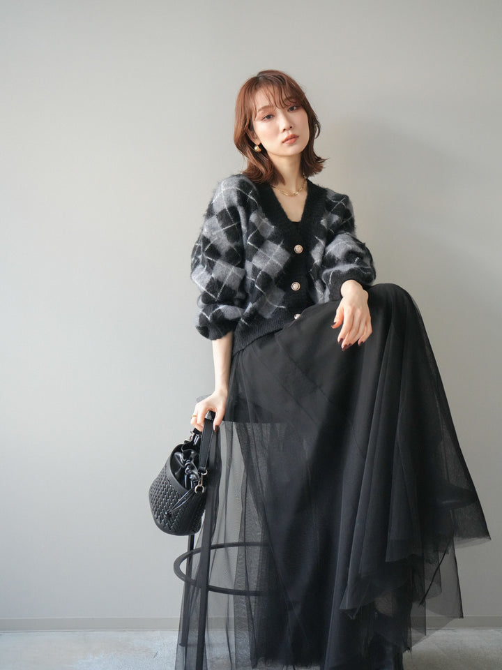 [予約]アーガイルシャギーニットカーディガン/gray