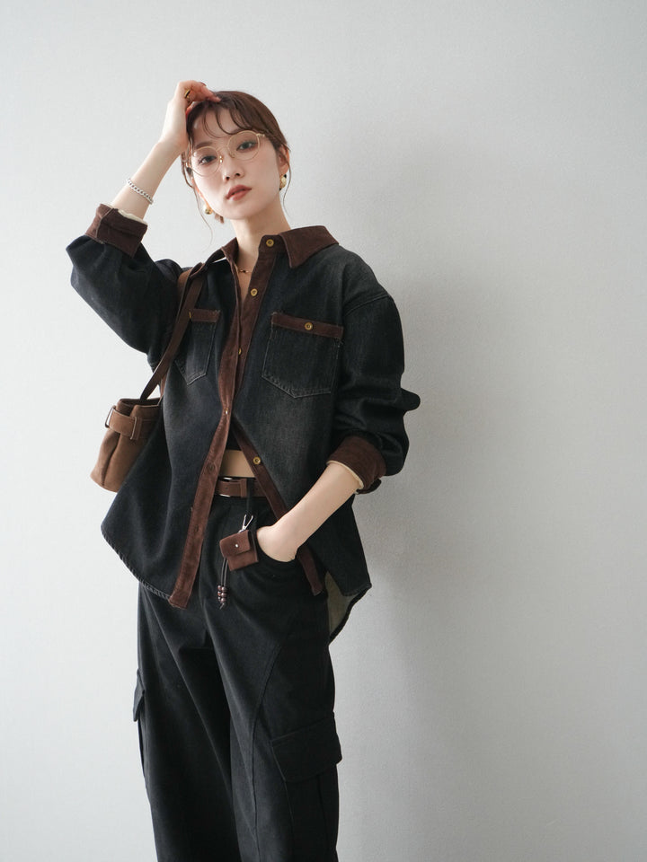 [予約]裏起毛コーデュロイ襟デニムシャツジャケット/black