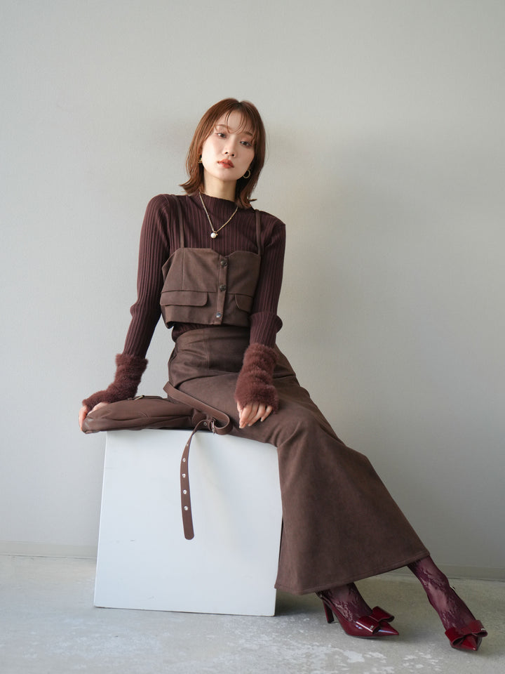 [SET]スウェードビスチェ+アームシャギーランダムリブニットトップス+スウェードIラインスカート(3set)