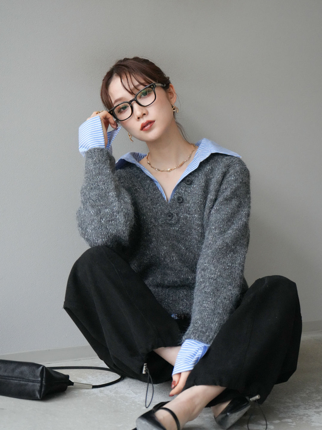 [SET]ストライプシャツドッキングMIXヤーンニットプルオーバー+ベルト付コーデュロイカーゴパンツ(2set)