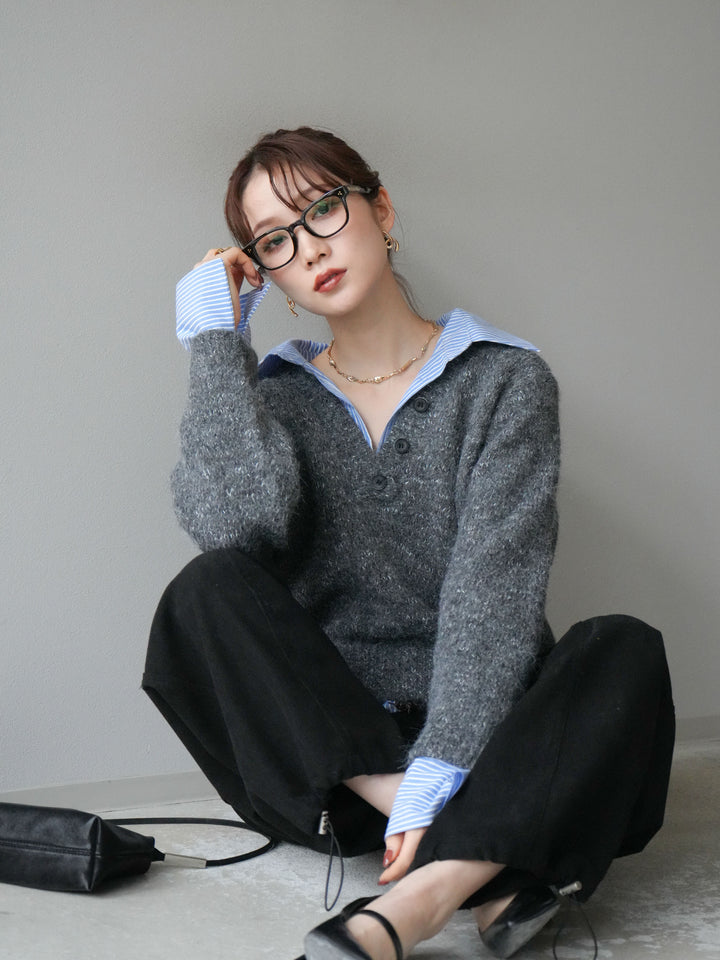 [SET]ストライプシャツドッキングMIXヤーンニットプルオーバー+ベルト付コーデュロイカーゴパンツ(2set)