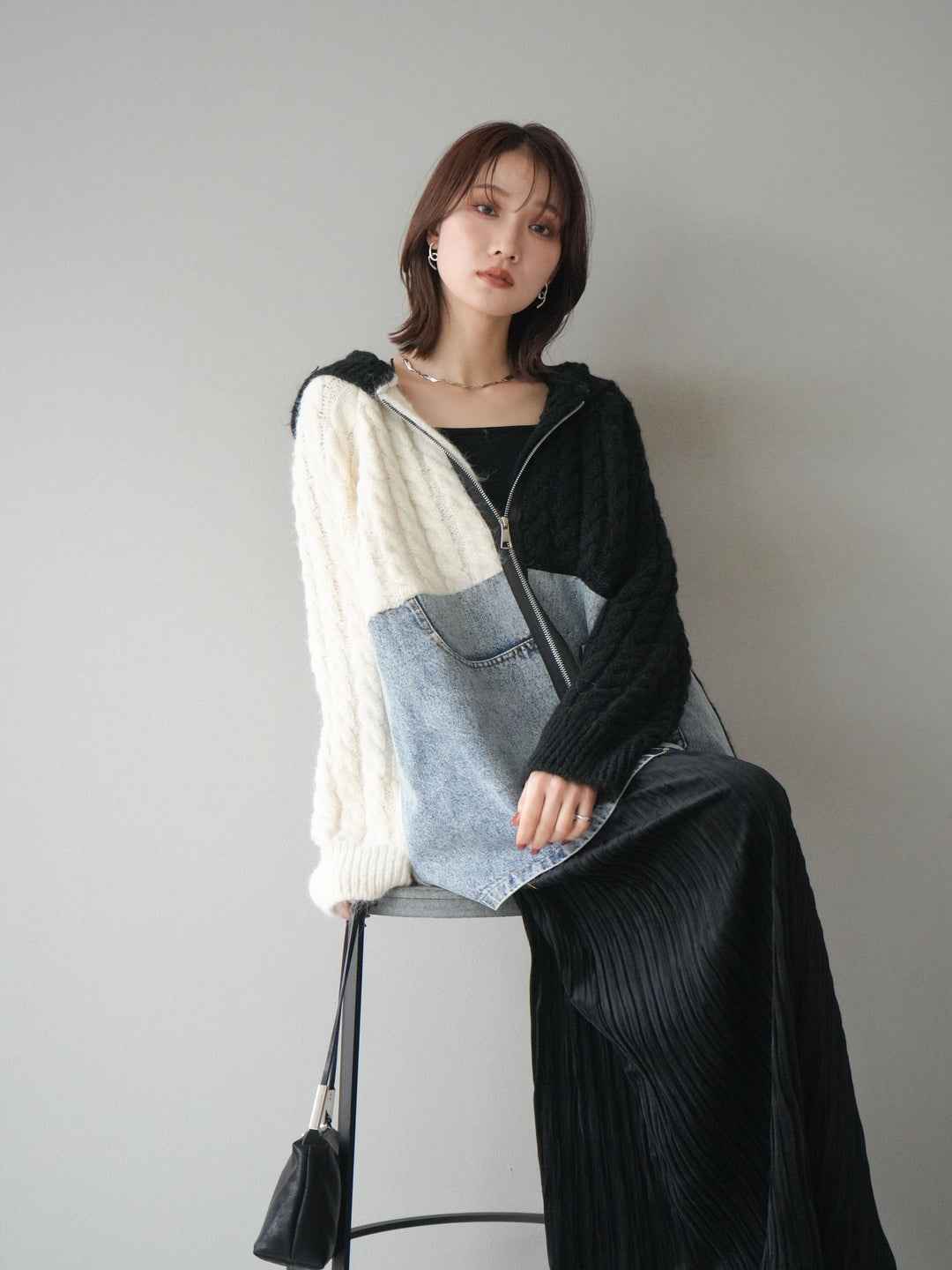 [予約]デニム×バイカラーニットZIPフーディ/black