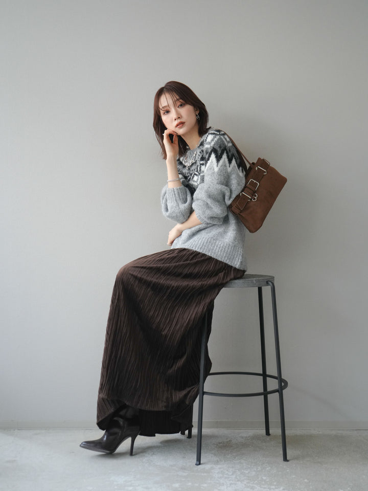 [SET]求心柄オーバーニットプルオーバー+スエードワッシャープリーツスカート(2set)