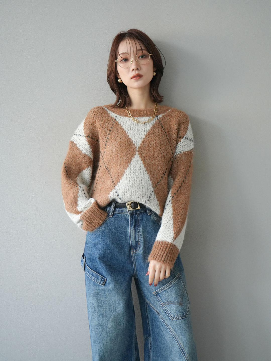 [予約]アーガイルオーバーニットプルオーバー/camel