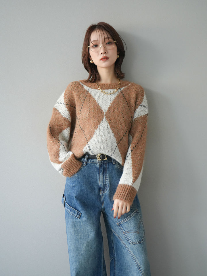 [予約]アーガイルオーバーニットプルオーバー/camel