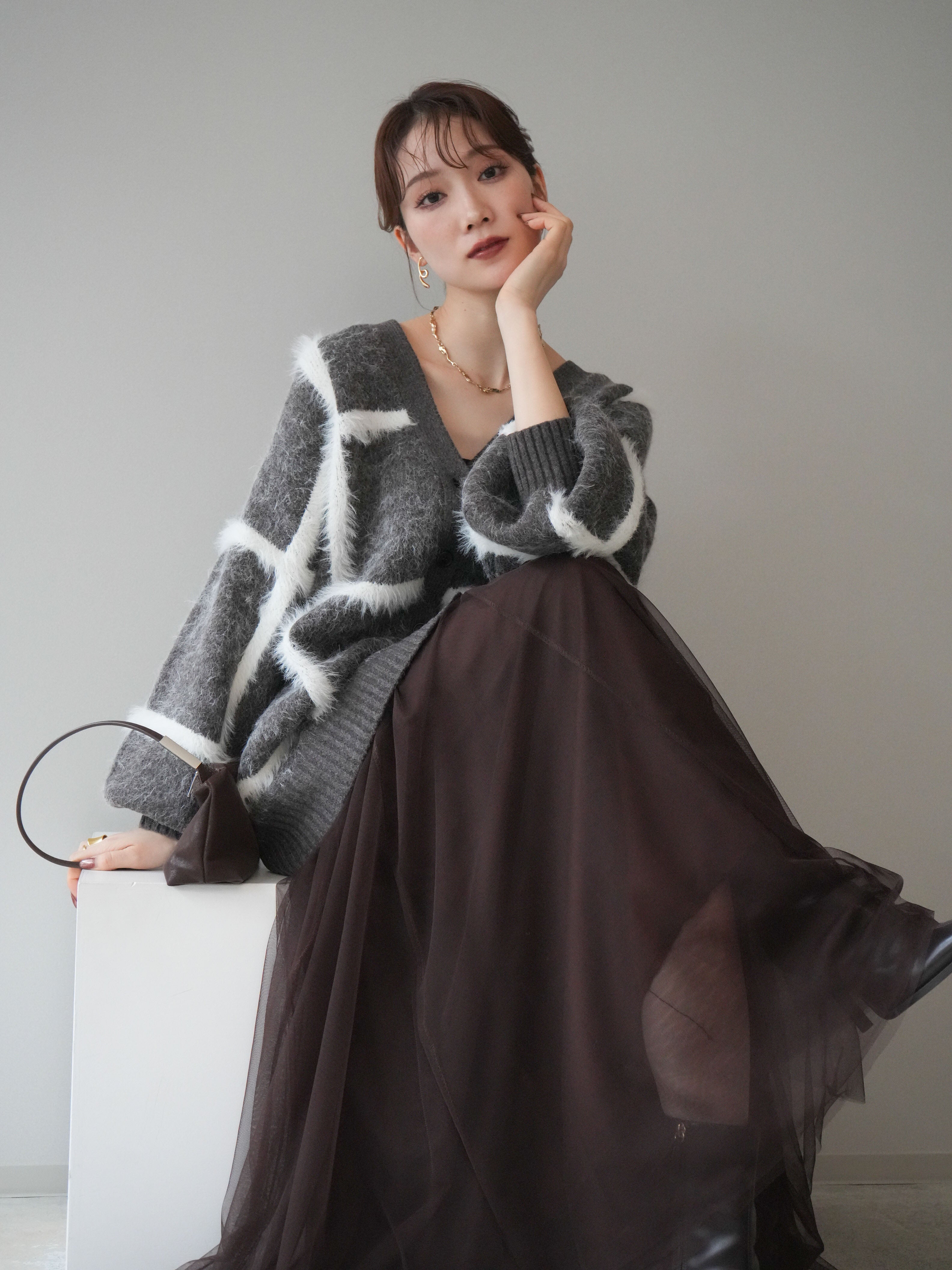 予約]ミックスシャギーチェックカーディガン/brown – Lumier