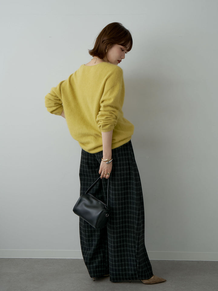 [SET]カシミア混フェザータッチVネックニットトップス+チェックサイドベルトデザインタックパンツ(2set)
