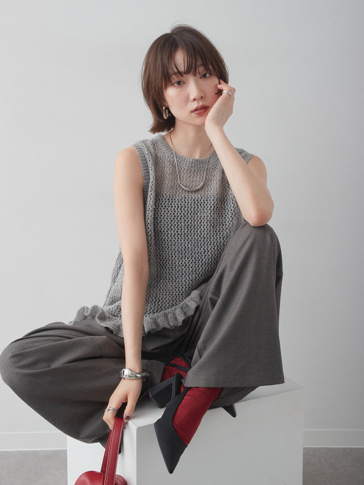 [SET]透かし編みヘムフリルノースリニットトップス+ベルトデザインツータックドレープワイドパンツ(2set)