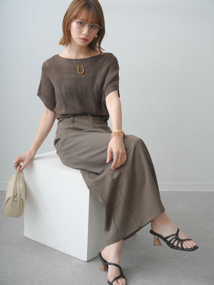[SET]アイレットサマーニットトップス+クレープデシンフラップ付きストレートスカート(2set)