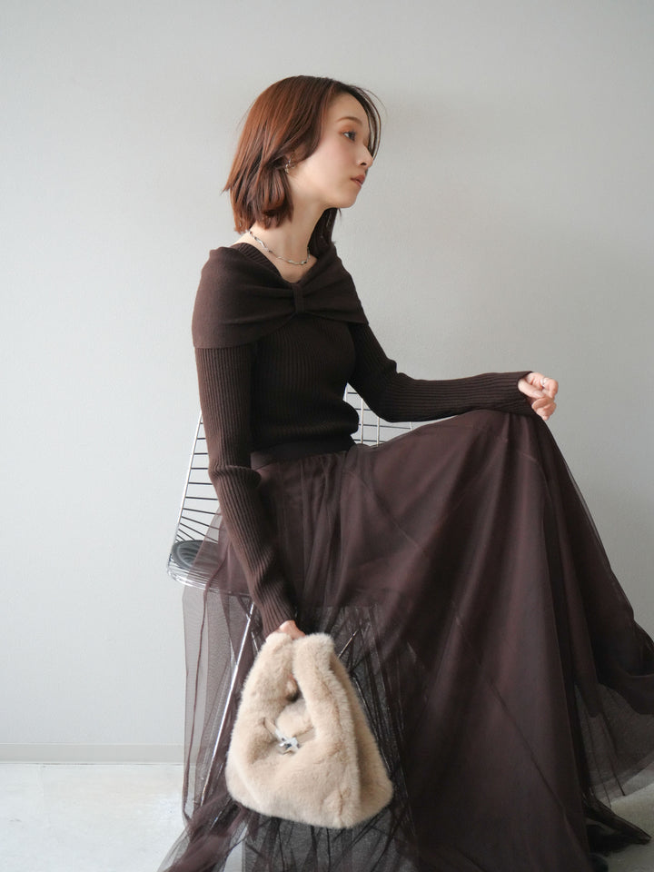 [予約]リボンモチーフオフショルリブニットトップス/brown