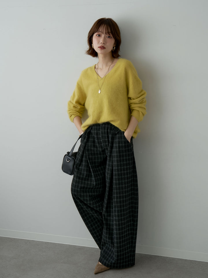 [SET]カシミア混フェザータッチVネックニットトップス+チェックサイドベルトデザインタックパンツ(2set)