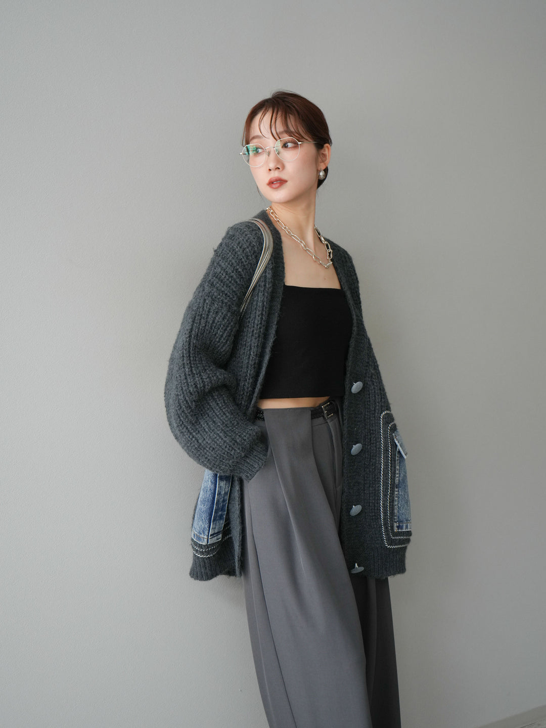[予約]デニムポケットハンドステッチカーディガン/gray