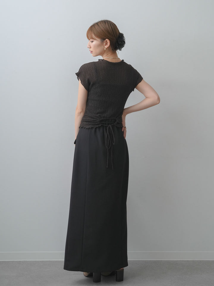 [SET]シャーリングシアーバックオープンフレンチトップス+クレープデシンフラップ付きストレートスカート(2set)
