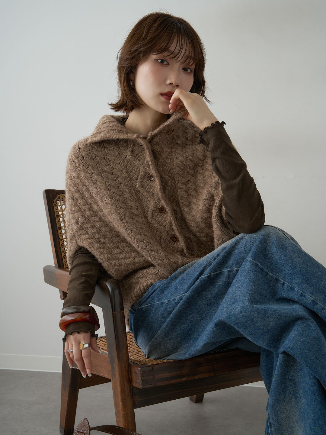 [SET]ケーブルケープニットトップス+メロートリムシアートップス(2set)