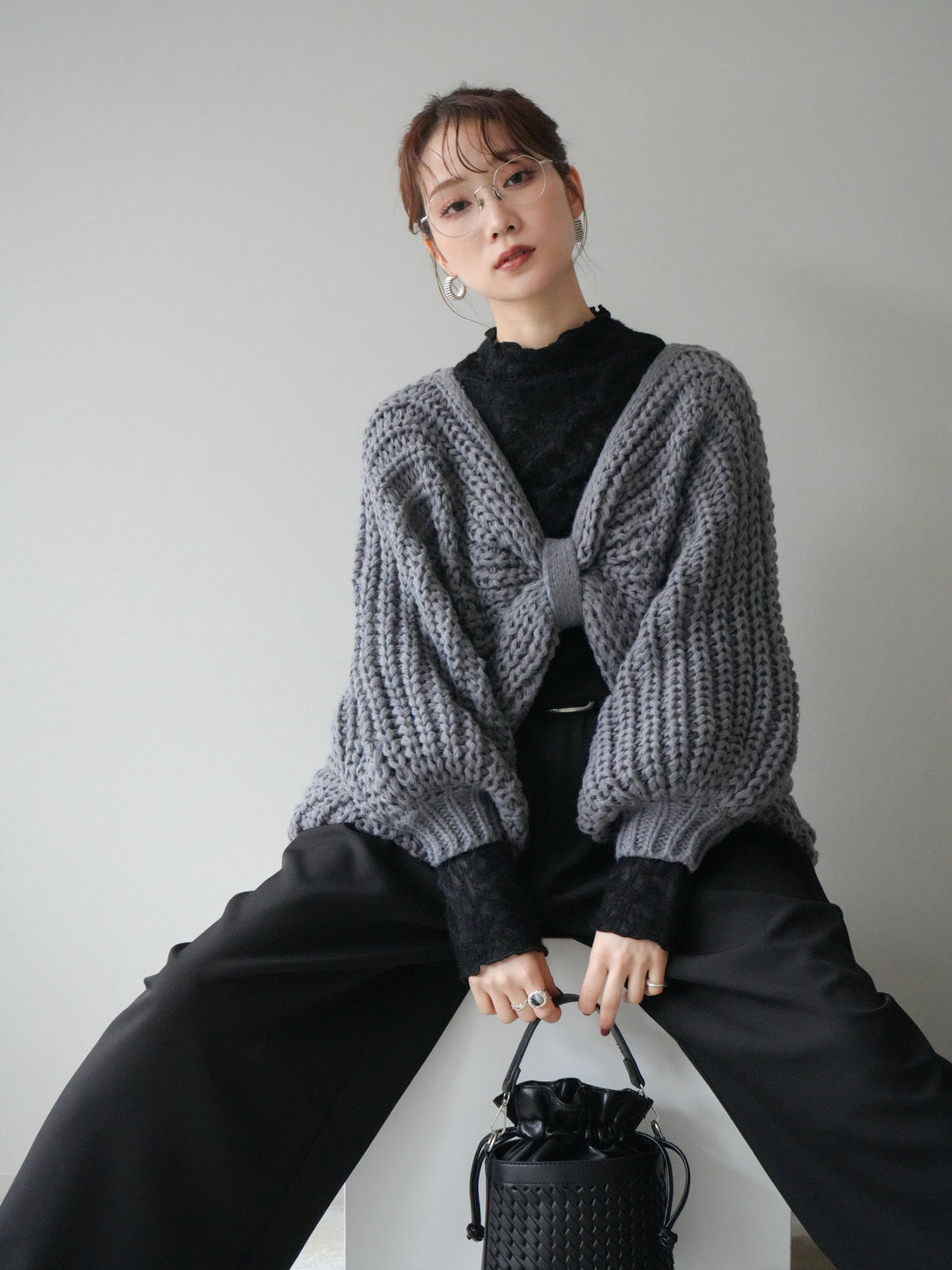 [SET]ローゲージ畦編みドルマンニットボレロ+起毛レースプチネックトップス+ベルトループデザインワイドパンツM(3set)