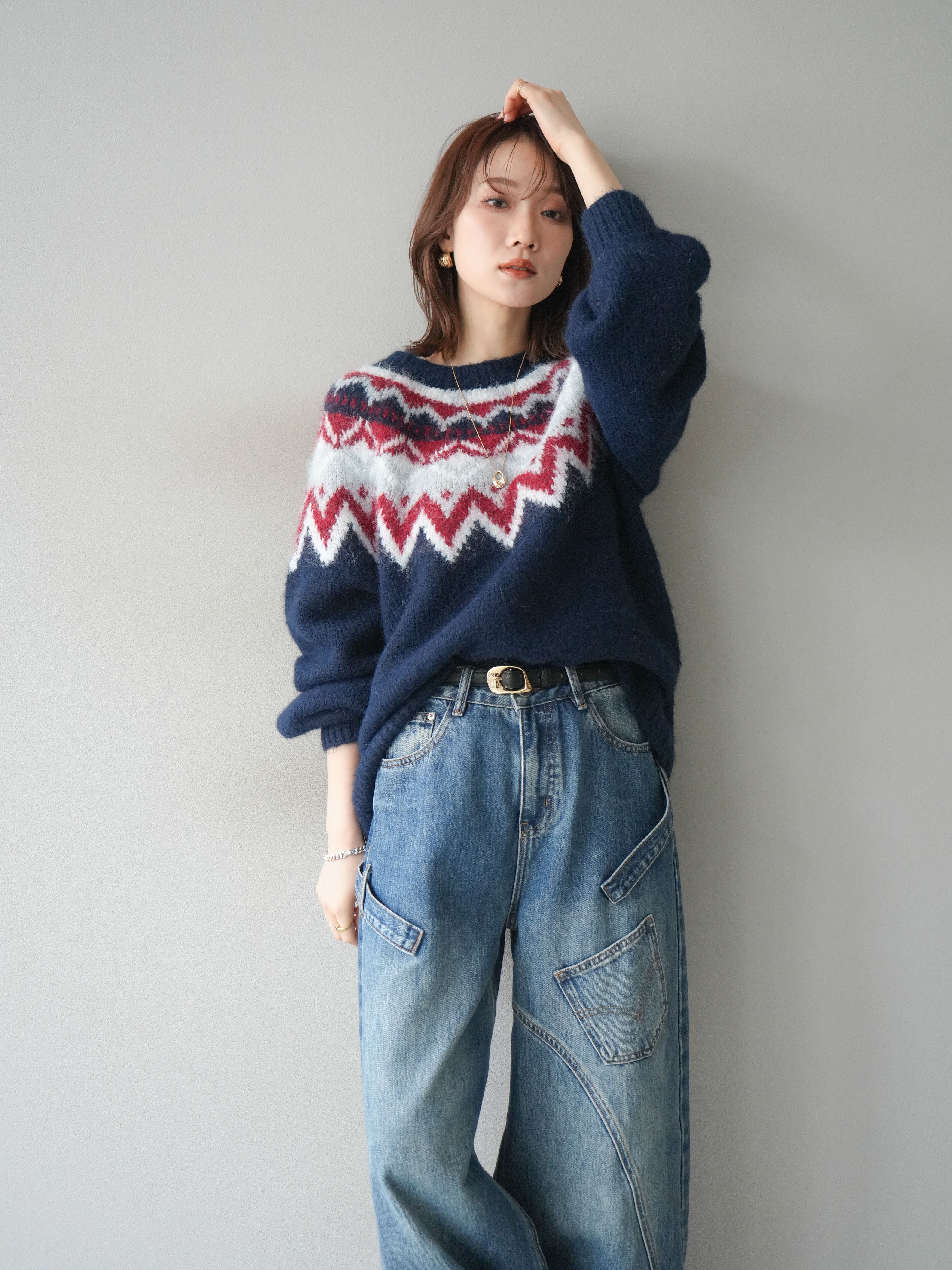 SET]求心柄オーバーニットプルオーバー+ペインターカーブデニムパンツ