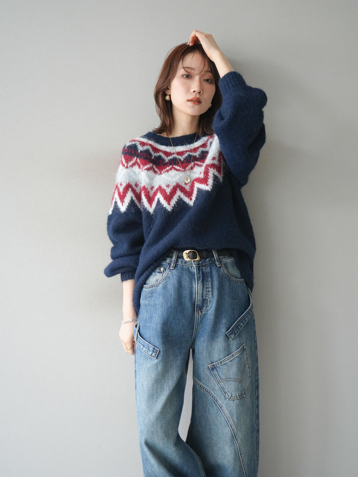 [SET]求心柄オーバーニットプルオーバー+ペインターカーブデニムパンツ(2set)