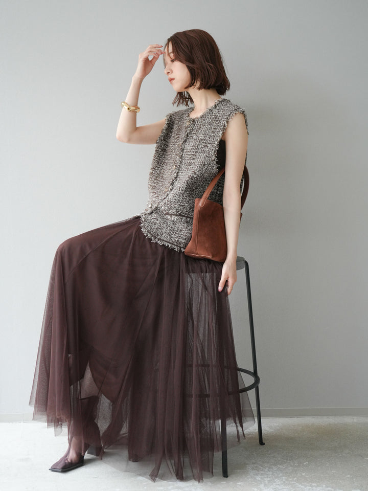 [予約]ミックスツイードフリンジニットベスト/ブラウン