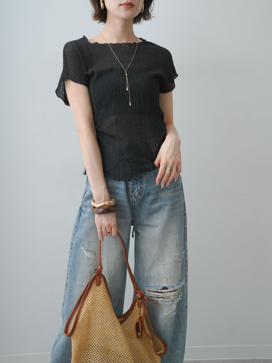 [SET]シャーリングシアーバックオープンフレンチトップス+ダメージデニムセミワイドパンツ(2set)