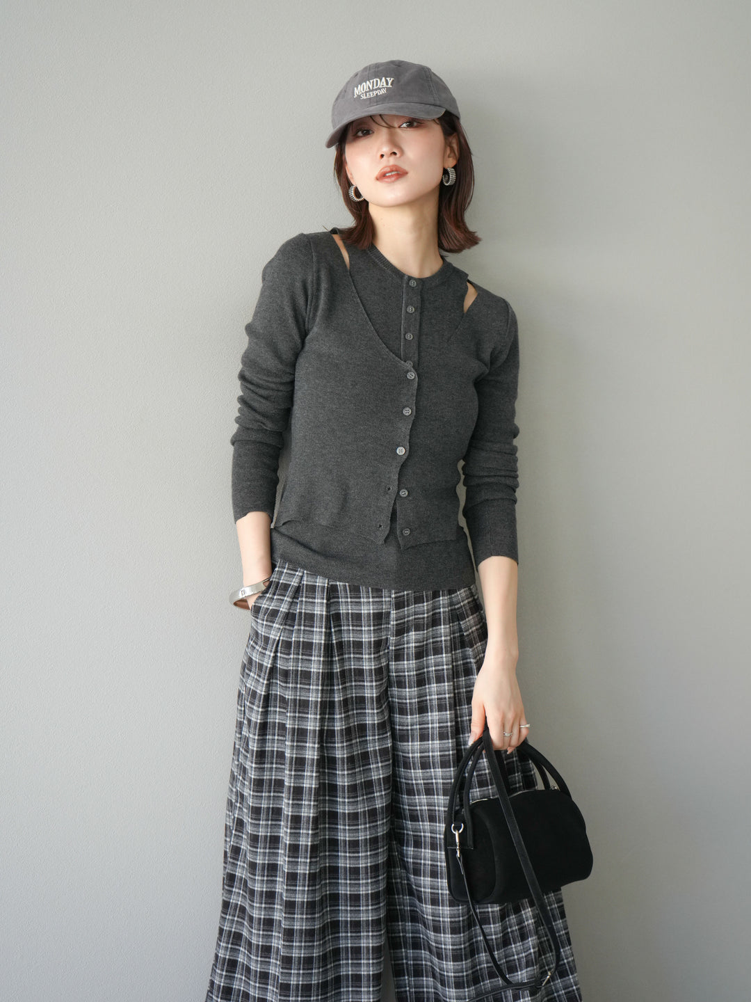 [予約]レイヤードデザインニットカーディガン/チャコール