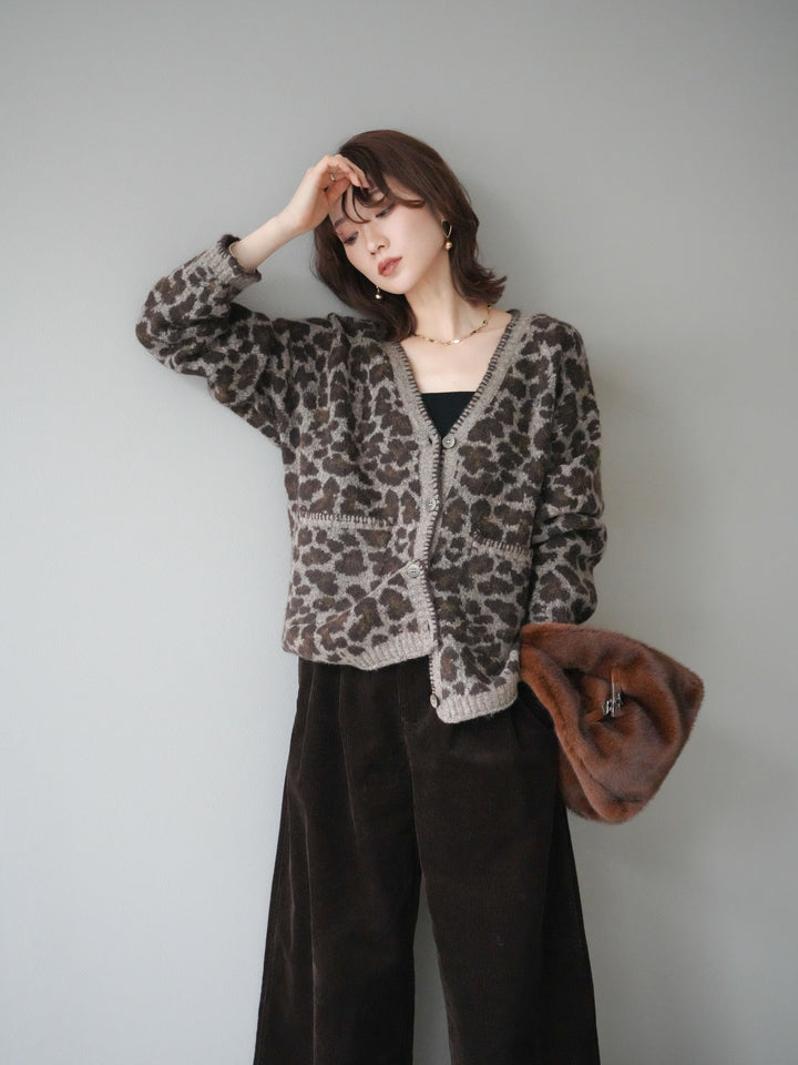 [予約]アニマル柄ステッチニットカーディガン/khaki