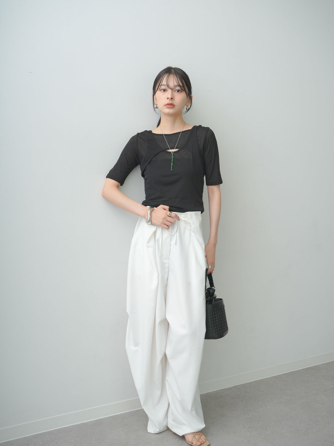 [SET]前後2wayシアーアシメレイヤード風TEE+ベルトループカーブタックワイドパンツ(2set)