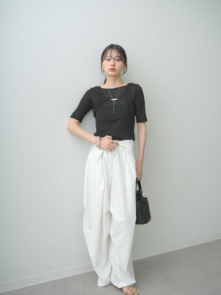 [SET]前後2wayシアーアシメレイヤード風TEE+ベルトループカーブタックワイドパンツ(2set)