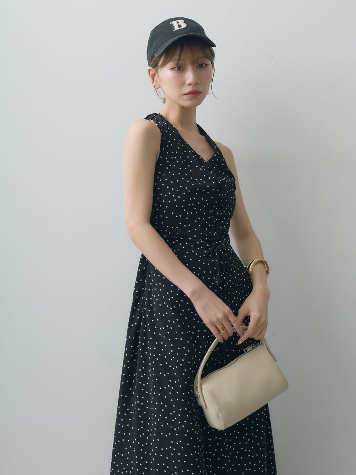 [SET]ホルターネックドット柄シャーリングデザインワンピース+選べるアクセセット(2set)