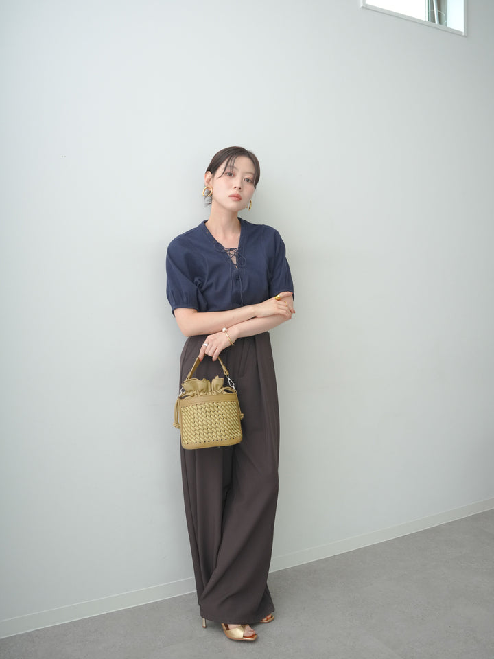 [予約]レースアップワッフルハーフトップス/navy