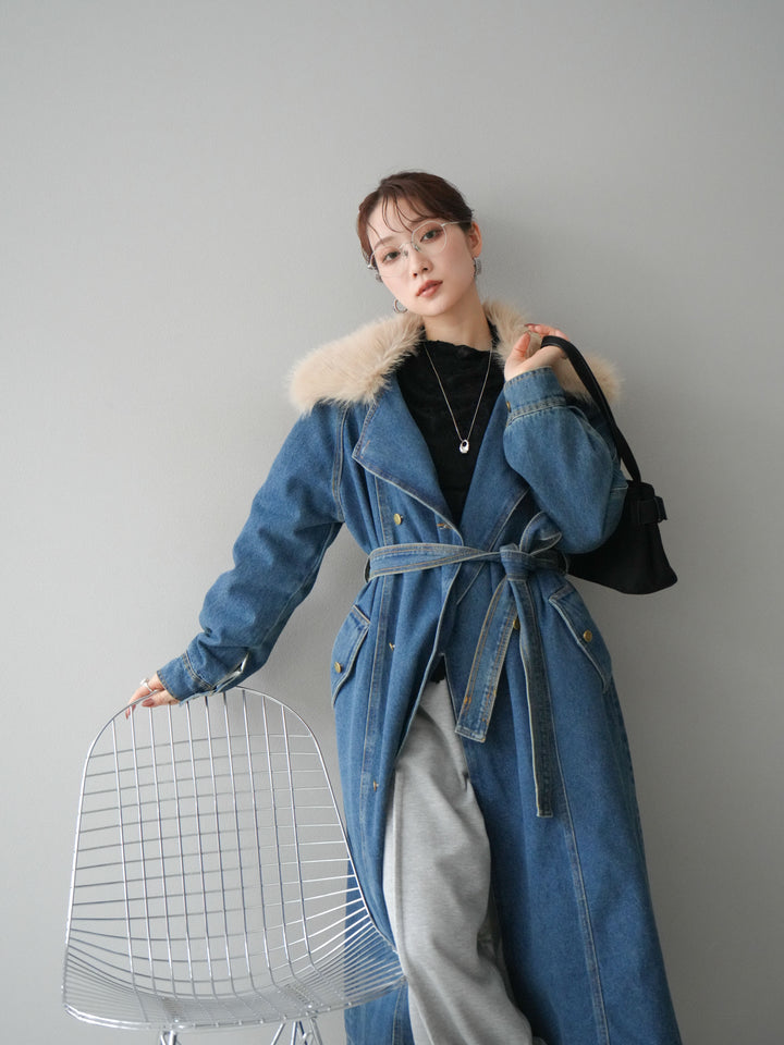 [予約]ファー襟デニムロングコート/blue