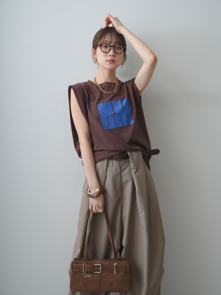 [SET]ワイドネックプリントTEE+ショルダータックノースリーブオーバーTEE(2set)