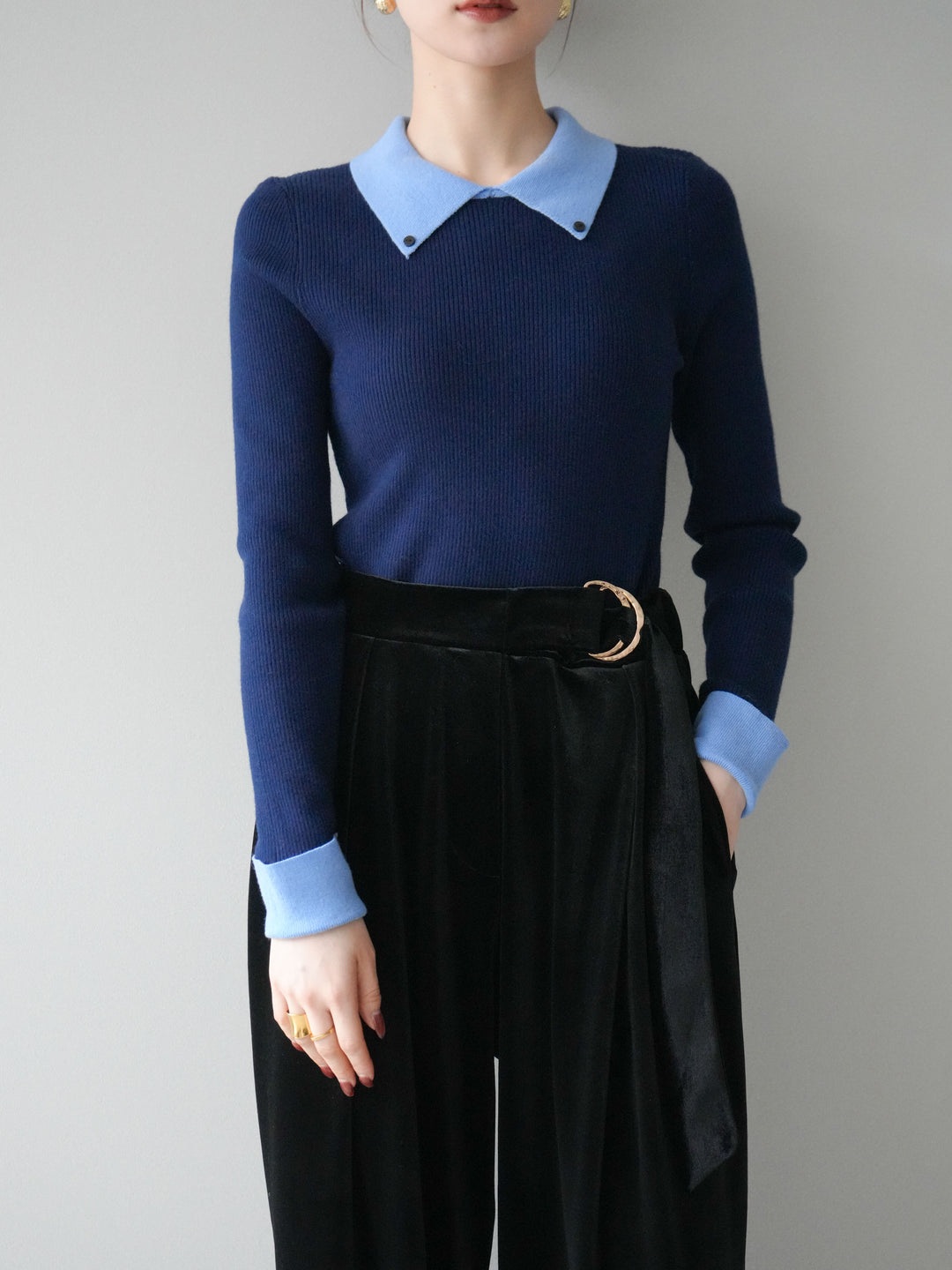 [予約]ニットカフス襟付き配色リブニットトップス/navy