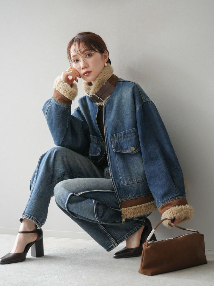 [予約]スタンドカラーファー×デニムジャケット/blue