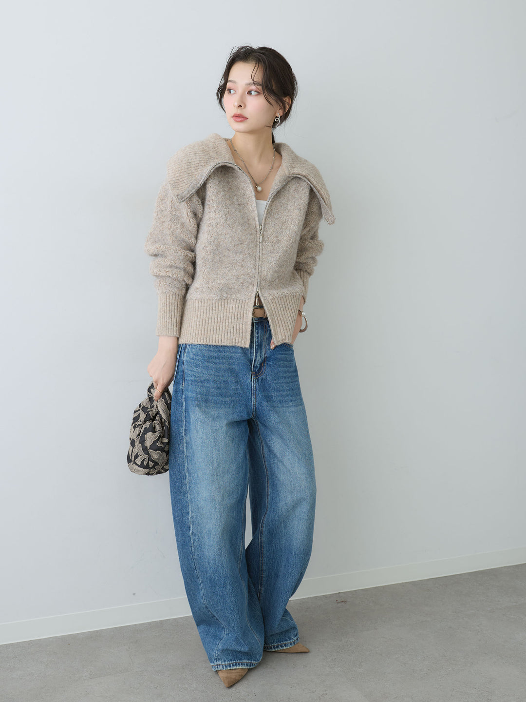 [SET]ビッグカラーシャギーニットブルゾン+バックデザインカーブデニム(2set)