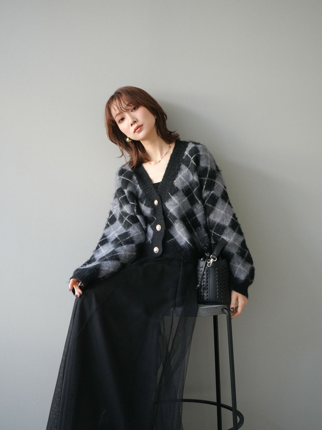 [予約]アーガイルシャギーニットカーディガン/gray