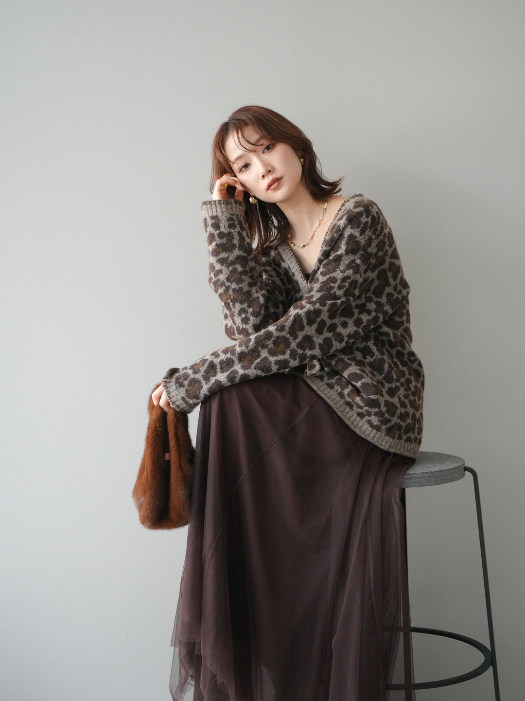 [予約]アニマル柄ステッチニットカーディガン/khaki