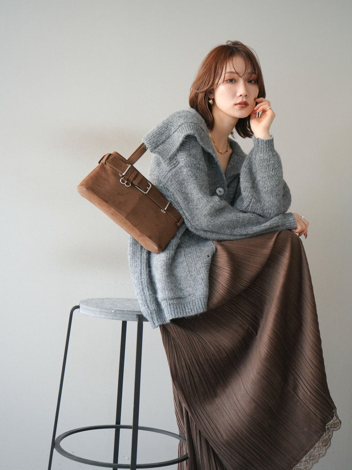 [予約]襟付きボタンオーバーニットカーディガン/gray