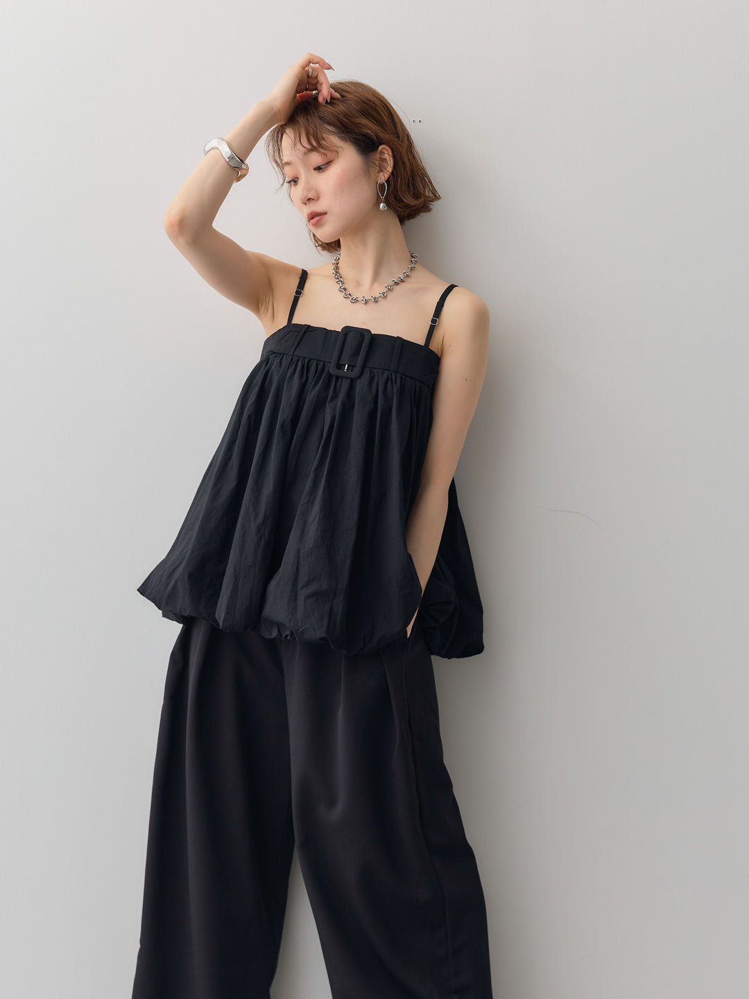[予約]バックル付バルーンキャミトップス/black