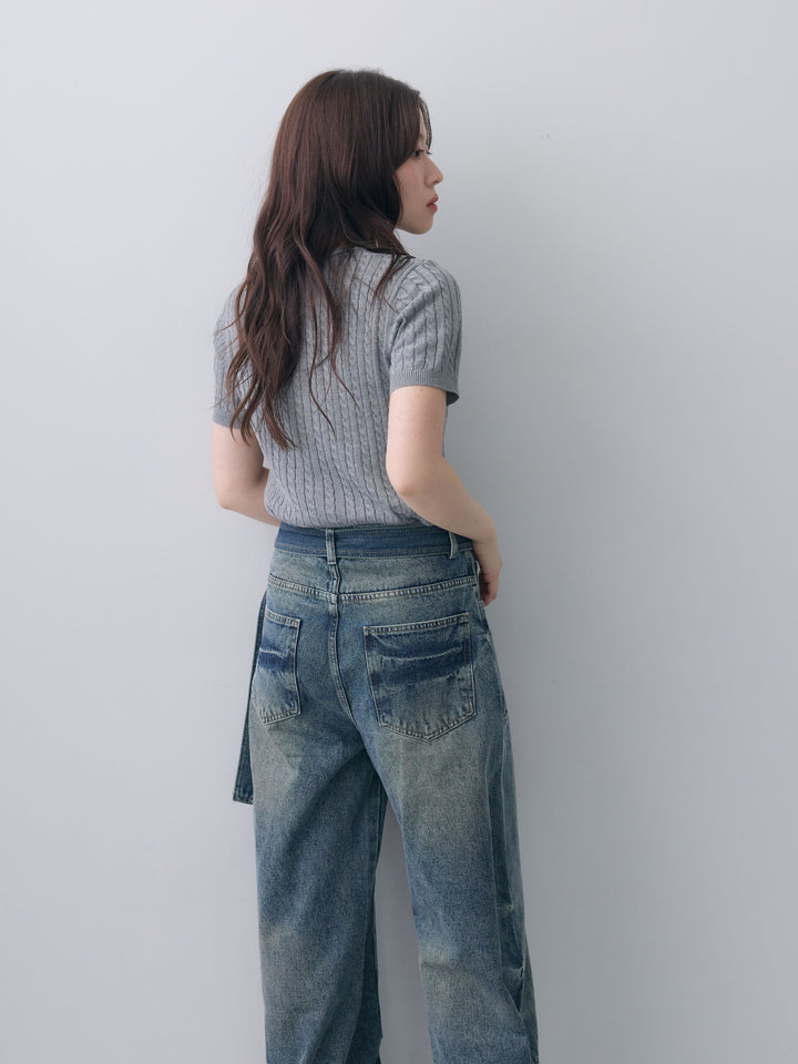 [予約]ヘンリーケーブルハーフニットトップス/gray