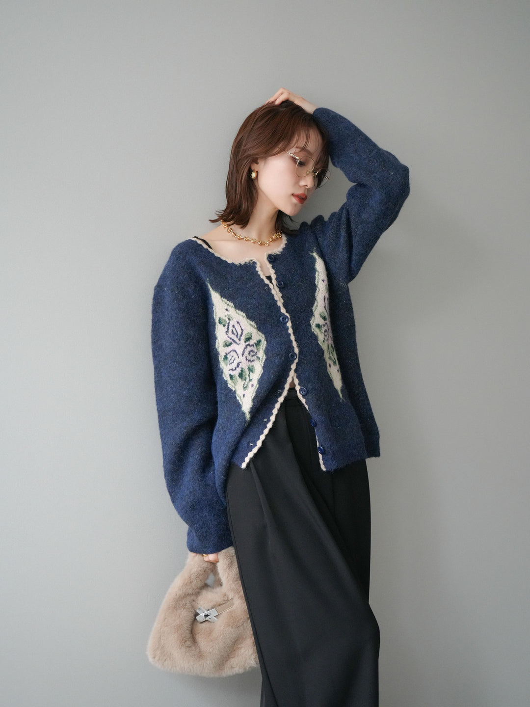 [予約]アンティークフラワージャガードニットカーディガン/navy