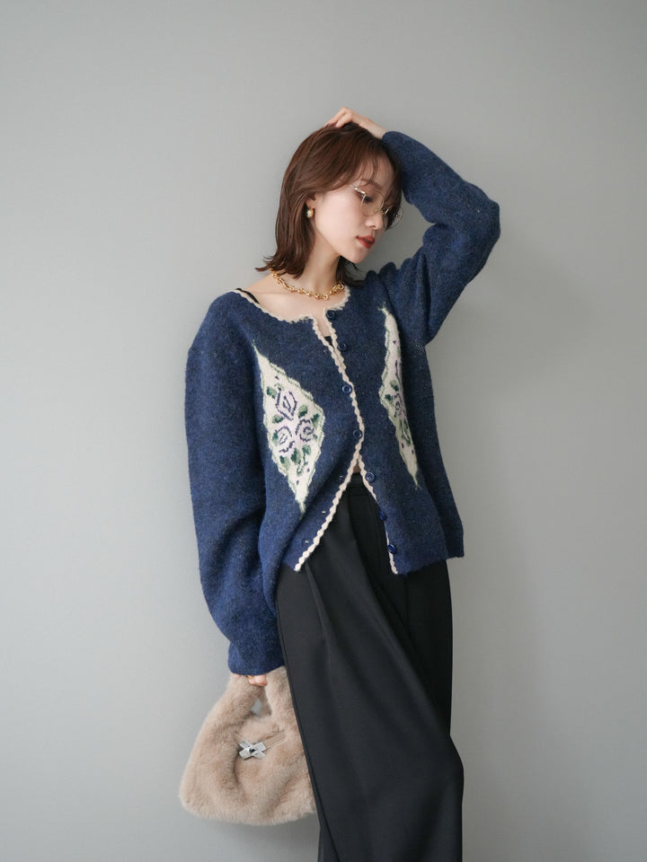 [予約]アンティークフラワージャガードニットカーディガン/navy