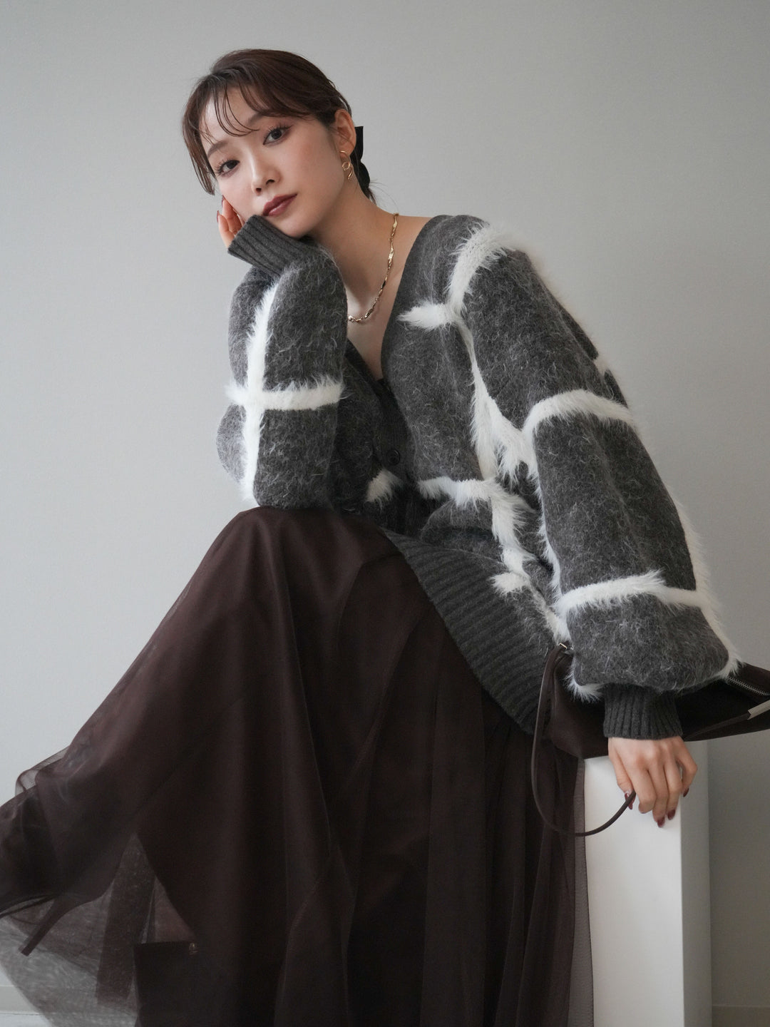 [予約]ミックスシャギーチェックカーディガン/brown