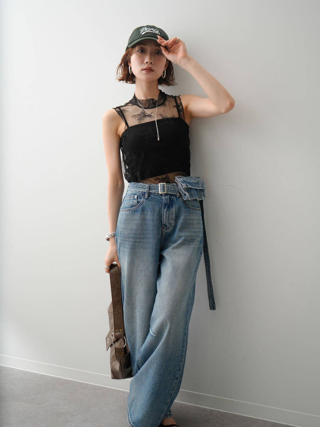 [予約]シースルーストレッチレースノースリトップス/black