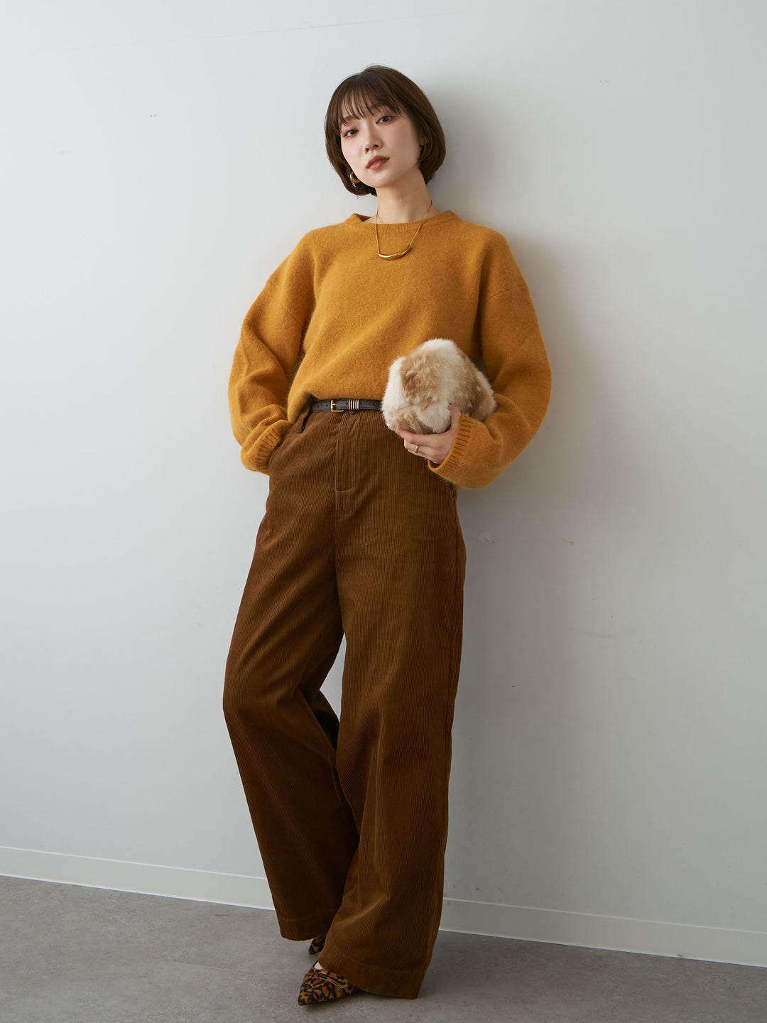 [SET]ソフトシャギークルーネックプルオーバー+ベルト付コーディロイワイドストレートパンツ(2set)
