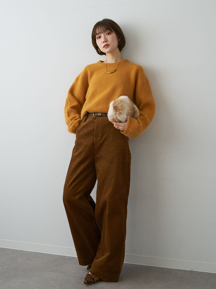 [SET]ソフトシャギークルーネックプルオーバー+ベルト付コーディロイワイドストレートパンツ(2set)