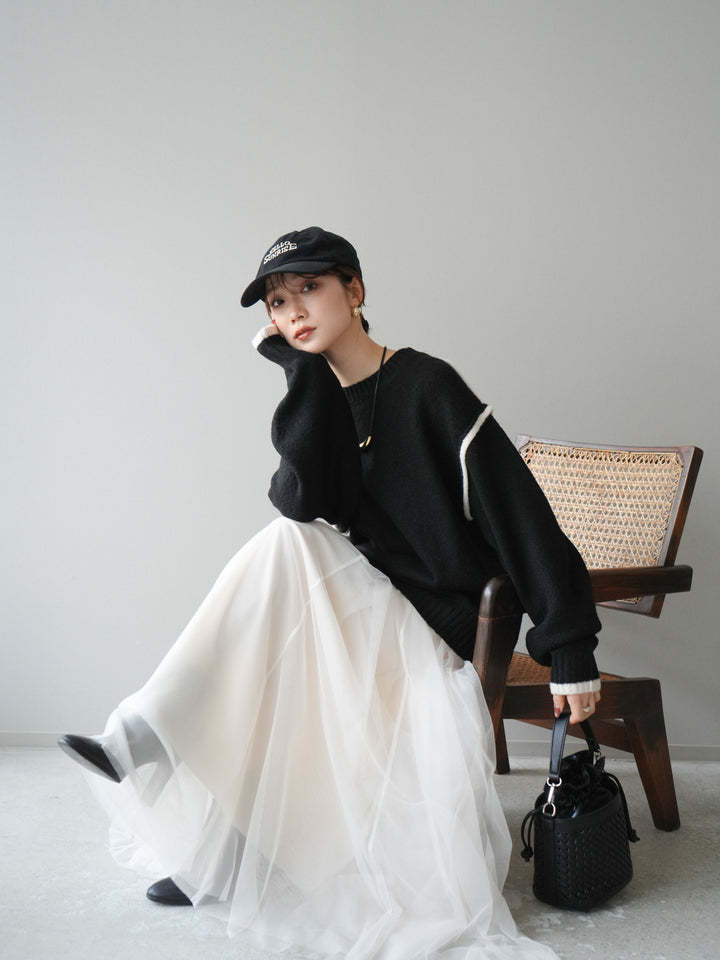 [予約]バイカラーパイピングニットプルオーバー/black