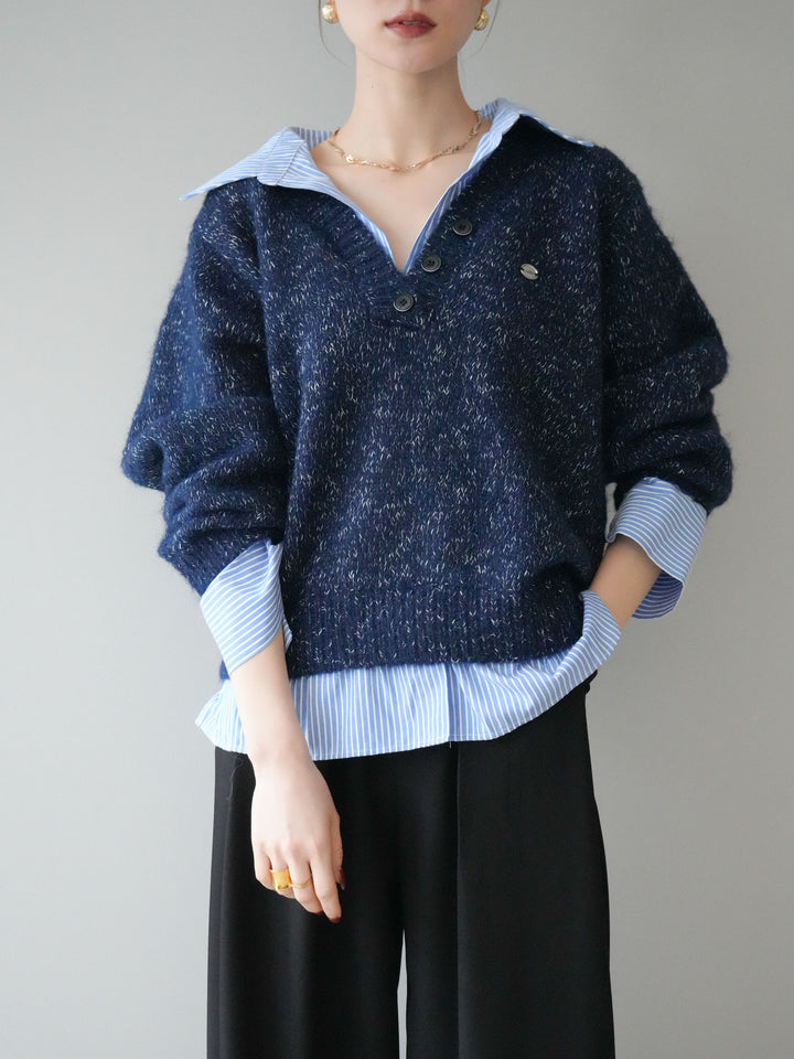 [予約]ストライプシャツドッキングMIXヤーンニットプルオーバー/navy