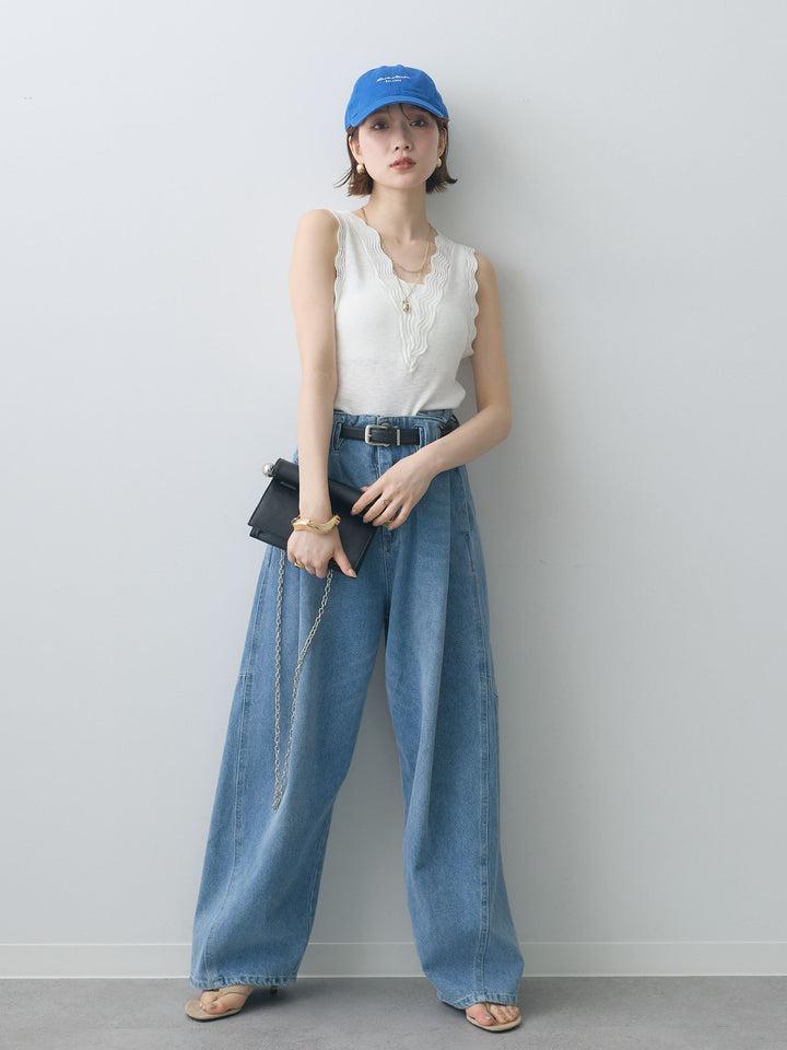[SET]カーブデザインリブニットタンクトップ+ハイウエストベルトループデザインデニムパンツ(2set)